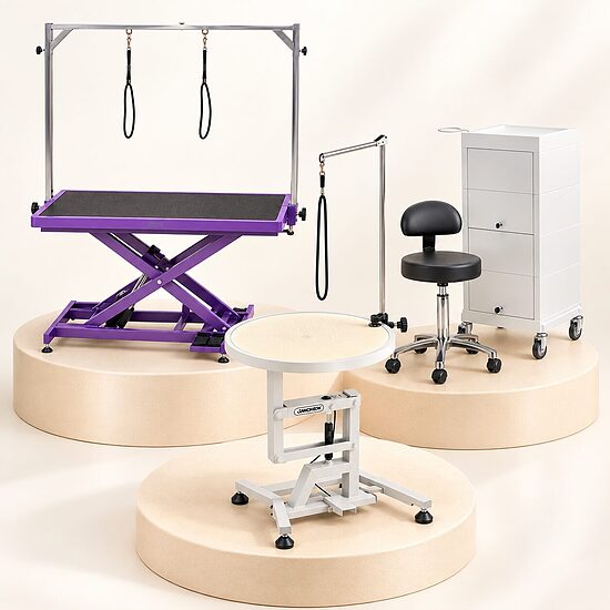 Pet grooming tables, trolleys, chairs