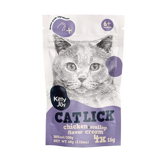 Kitty Joy Cat Lick Chicken + Scallop Flavor Cream, 4x15g - Kaķu kārums ar vistas un jūras ķemmīšu garšu