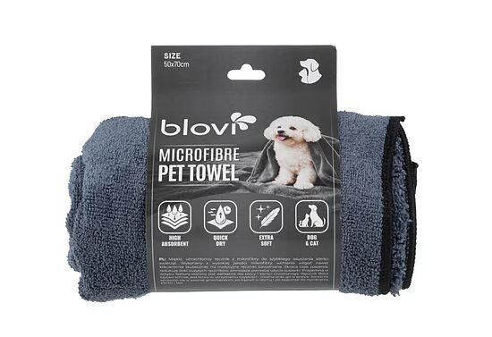 Blovi Microfibre Pet Towel 50x70cm - īpaši uzsūcošais mikrošķiedras dvielis mājdzīvniekiem, pelēks