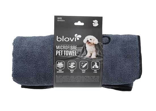 Blovi Microfibre Pet Towel 60x100cm - īpaši uzsūcošais mikrošķiedras dvielis mājdzīvniekiem, pelēks