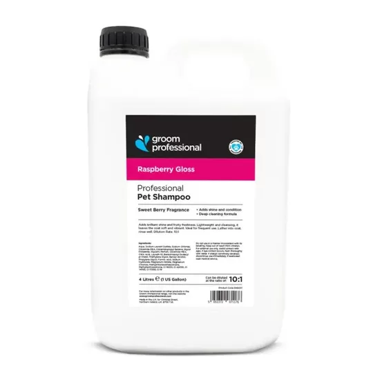 Groom Professional Raspberry Gloss Shampoo, 4000ml- dziļi attīrošs šampūns, kas padara kažoku tīru, spīdīgu