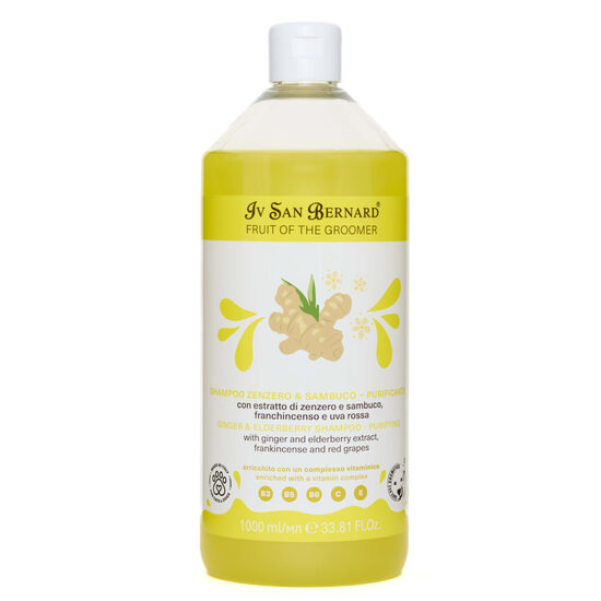 Iv San Bernard NEW Ginger & Elderberry Shampoo, 1000ml - ingvera, plūškoka šampūns saudzīgai suņu un kaķu mazgāšanai