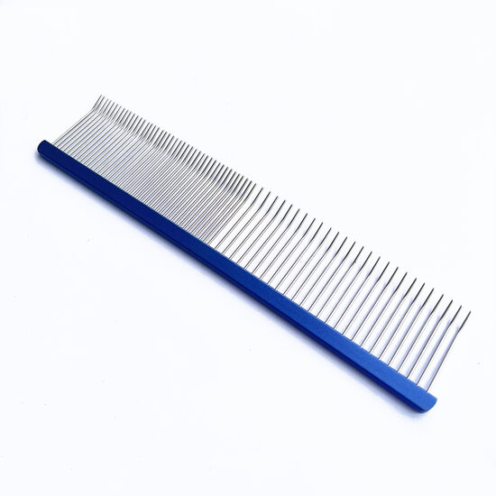 Professional Alloy Face & Details Grooming Comb with Angled Teeth, Blue 190mm x 40mm - синий металлический гребень для морды и деталей с изогнутыми зубьями
