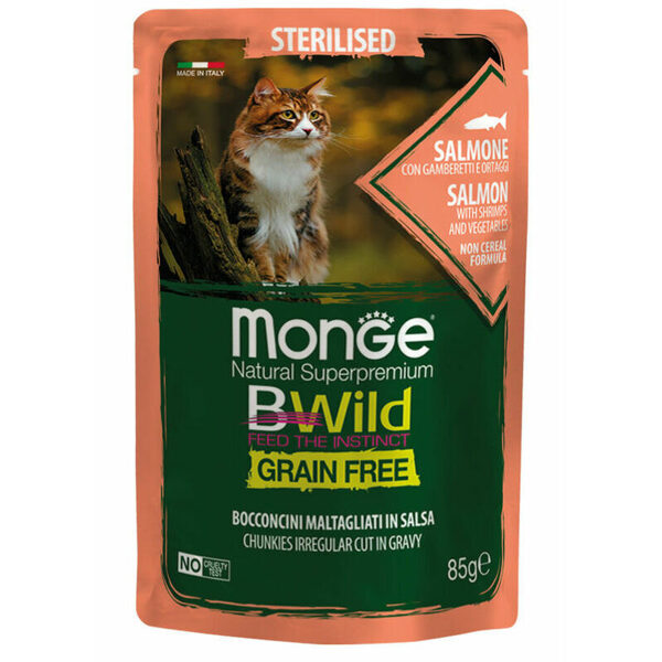 MONGE BWILD pouches Cat Sterilised Salmom with shrimps, vegetable 85 g