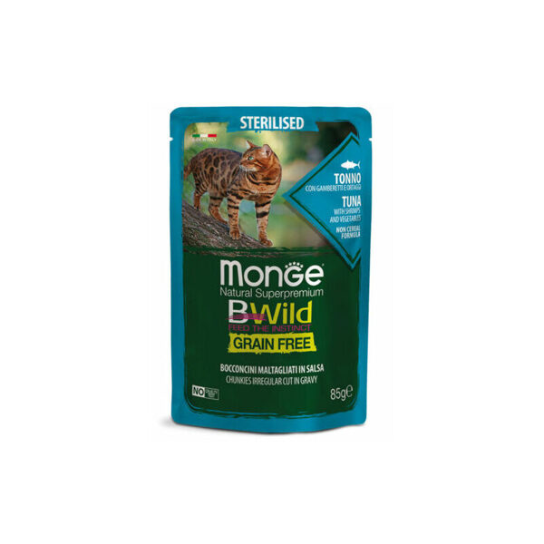MONGE BWILD pouches Cat Sterilised Tuna with shrimps, vegetables 85 g