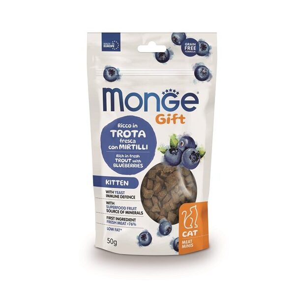 MONGE GIFT Cat MEAT MINIS Kitten Trout with blueberries / 50 g - kārums kaķiem