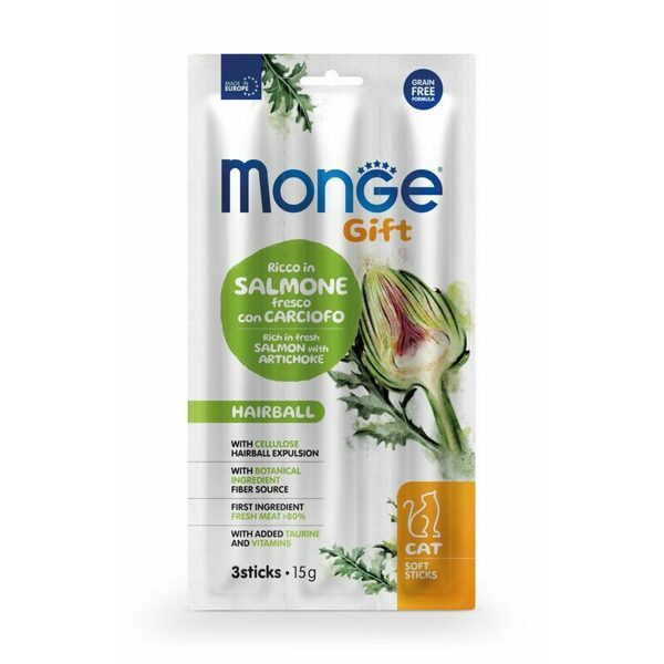 MONGE GIFT Cat SOFT STICKS Hairball Salmon with artichoke / 15 gr - kārums kaķiem ar lasi un artišoku 15g