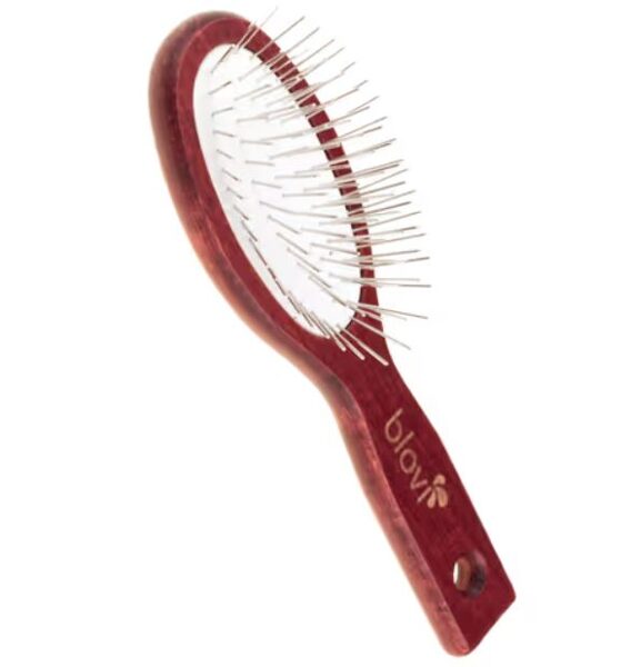 Blovi Red Wood Pin Brush - a small, soft and wooden brush with a 17mm metal pin, for Yorkie, Maltese, Shih-tzu