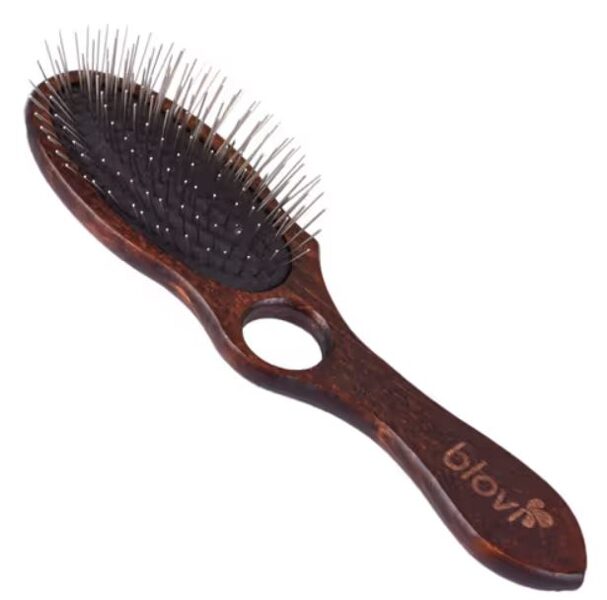 Blovi Brown Wood Pin Brush - a large, hard, wooden brush with a 23mm metal pin and a finger hole