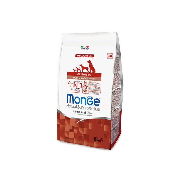 MONGE ALL BREEDS Puppy & Junior Lamb and Rice 0,8 kg - barība kucēniem ar jēru 0.8kg
