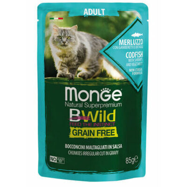 MONGE BWILD pouches Cat ADULT Codfish with shrimps, vegetables 85g
