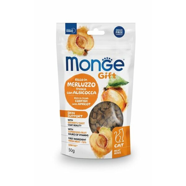 MONGE GIFT Cat MEAT MINIS Skin support Codfish with apricot / 50 gr - kārums kaķiem - menca un aprikozes
