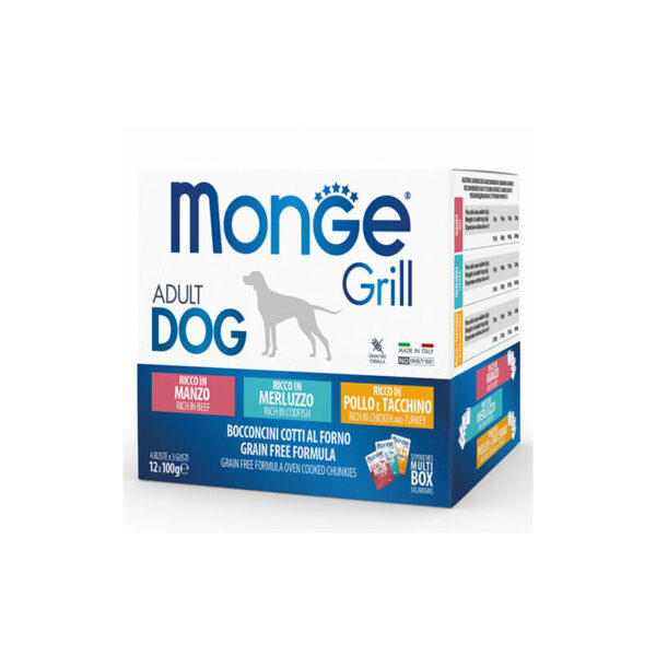 Monge Grill Multipacks Beef, Cod, Chicken and Turkey - bifelis, menca, vista, tītars, 12x100 g 