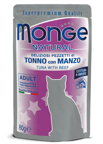 Monge Natural pouches Tuna in Jelly with Beef - tuncis ar bifeli - konservi kaķiem, 80 g